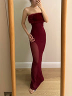 Sexy Burgundy Mermaid Strapless Mesh Long Formal Prom Dresses