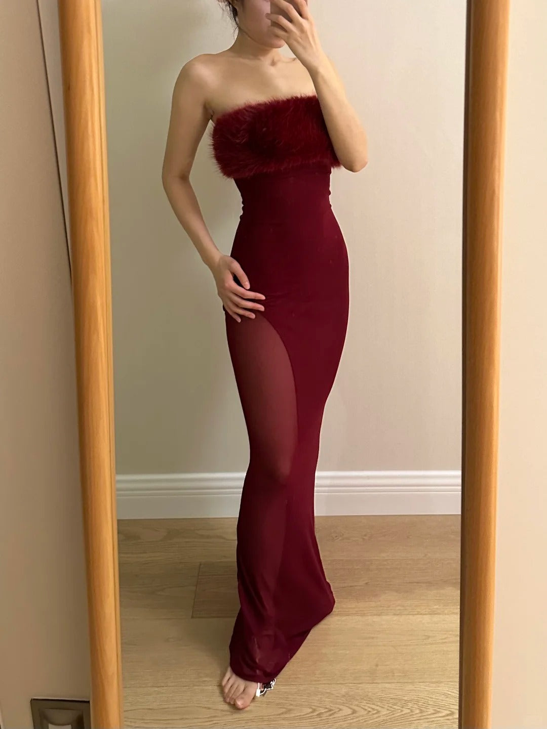 Sexy Burgundy Mermaid Strapless Mesh Long Formal Prom Dresses