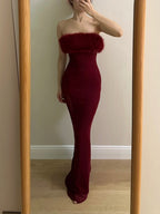 Sexy Burgundy Mermaid Strapless Mesh Long Formal Prom Dresses