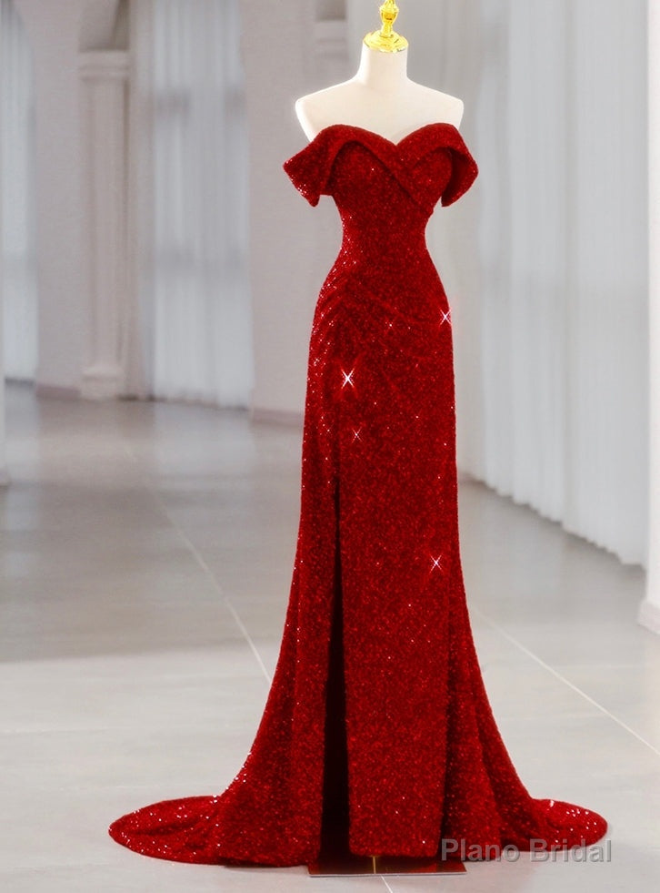 Sexy Burgundy Sequins Off the Shoulder Prom Dress Main image