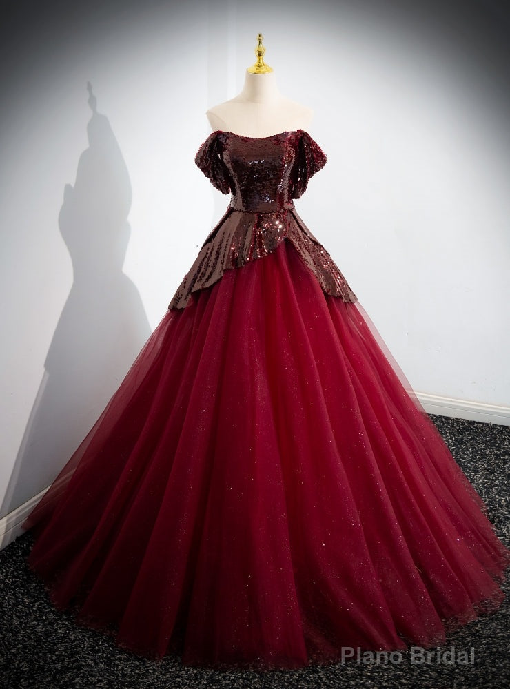 Sexy Burgundy Tulle Sequins Strapless Prom Dress Main image
