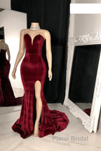 Sexy Burgundy Velvet Wedding Guest Dresses V Neck Mermaid Formal Prom Dresses