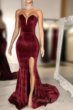 Sexy Burgundy Velvet Wedding Guest Dresses V Neck Mermaid Formal Prom Dresses