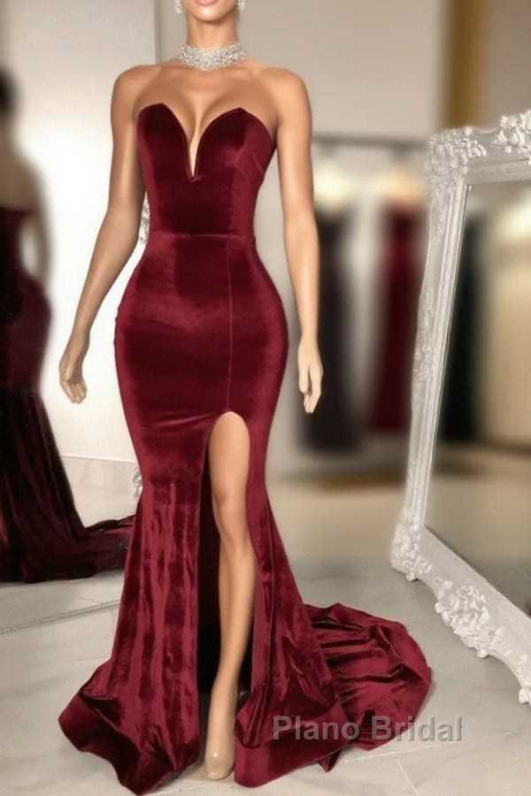 Sexy Burgundy Velvet Wedding Guest Dresses V Neck Mermaid Formal Prom Dresses Main image