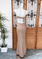Sexy Champagne Pink Mermaid Spaghetti Strap Waist Cutout Sequin Long Formal Prom Dresses