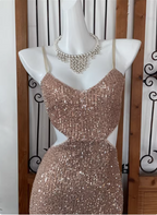 Sexy Champagne Pink Mermaid Spaghetti Strap Waist Cutout Sequin Long Formal Prom Dresses