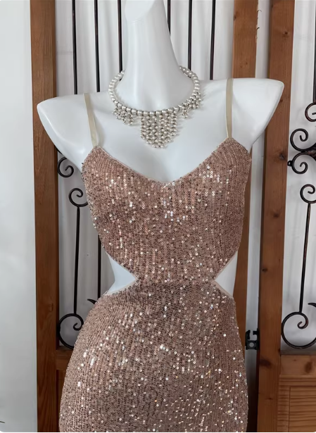 Sexy Champagne Pink Mermaid Spaghetti Strap Waist Cutout Sequin Long Formal Prom Dresses