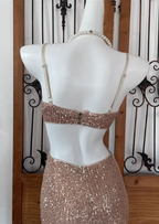 Sexy Champagne Pink Mermaid Spaghetti Strap Waist Cutout Sequin Long Formal Prom Dresses
