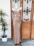 Sexy Champagne Pink Mermaid Spaghetti Strap Waist Cutout Sequin Long Formal Prom Dresses