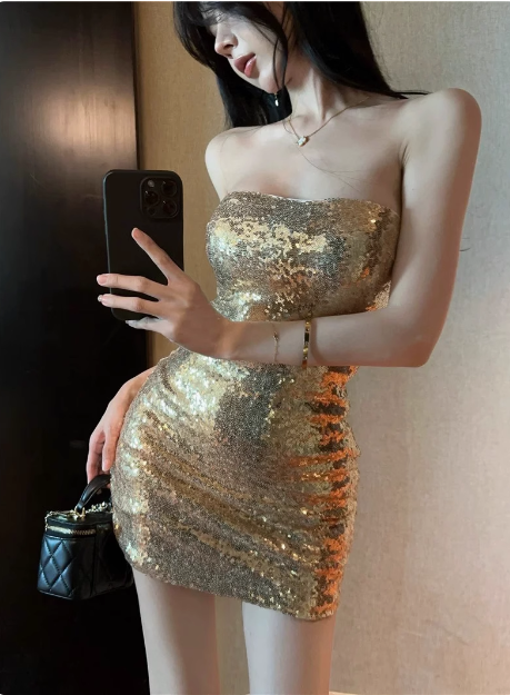 Sexy Champagne Tube Top Sequined Hip 17Th Birthday Homecoming Dresses