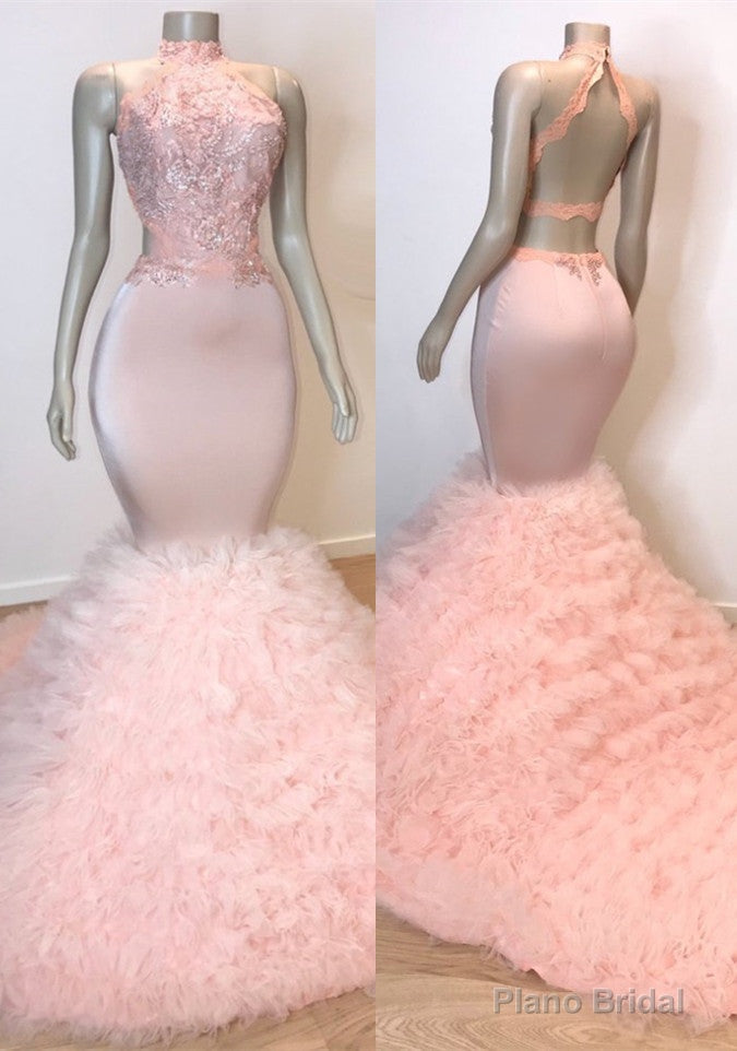 Sexy Chiffon High Collar Mermaid Prom Dress Sequins Pink Long Secondary image