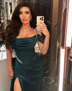 Sexy Dark Green Satin Mermaid Formal Prom Dresses 2026 Spaghetti Straps Pleats Seep Train Formal Evening Occasion Pageant Gowns