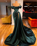 Sexy Dark Green Satin Mermaid Formal Prom Dresses 2026 Spaghetti Straps Pleats Seep Train Formal Evening Occasion Pageant Gowns