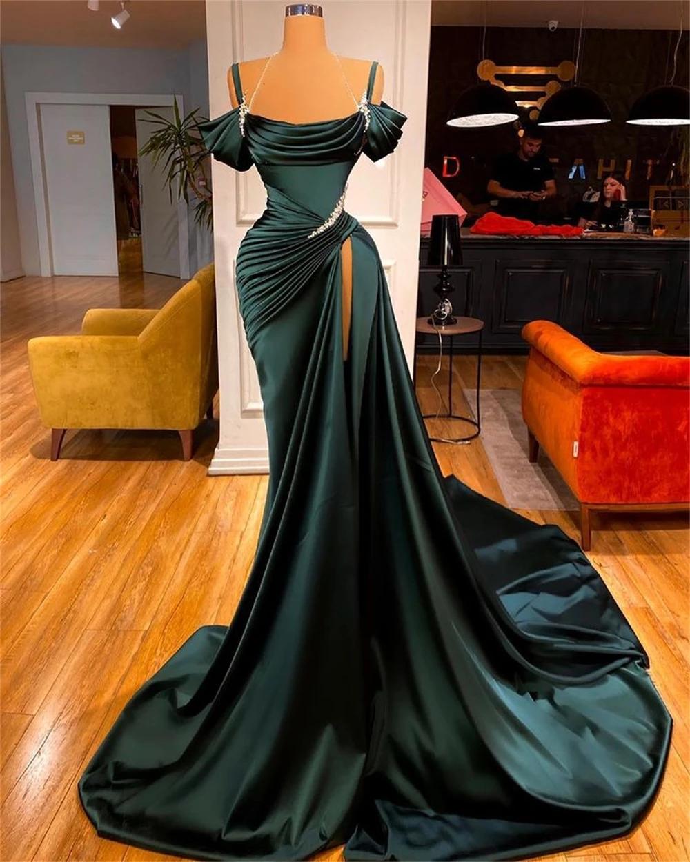 Sexy Dark Green Satin Mermaid Formal Prom Dresses 2026 Spaghetti Straps Pleats Seep Train Formal Evening Occasion Pageant Gowns
