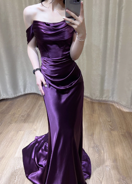 Sexy Deep Purple Mermaid Off-The-Shoulder Satin Long Formal Prom Dresses Secondary image