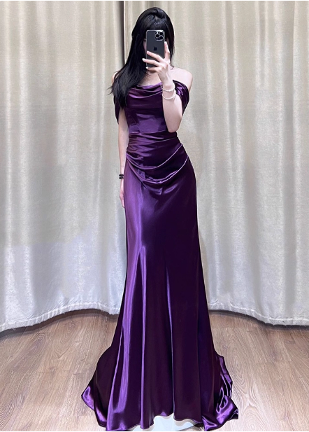 Sexy Deep Purple Mermaid Off-The-Shoulder Satin Long Formal Prom Dresses