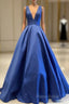 Sexy Deep V-Neck Long Satin Bow Back Formal Dresses Floor Length Formal Prom Gowns