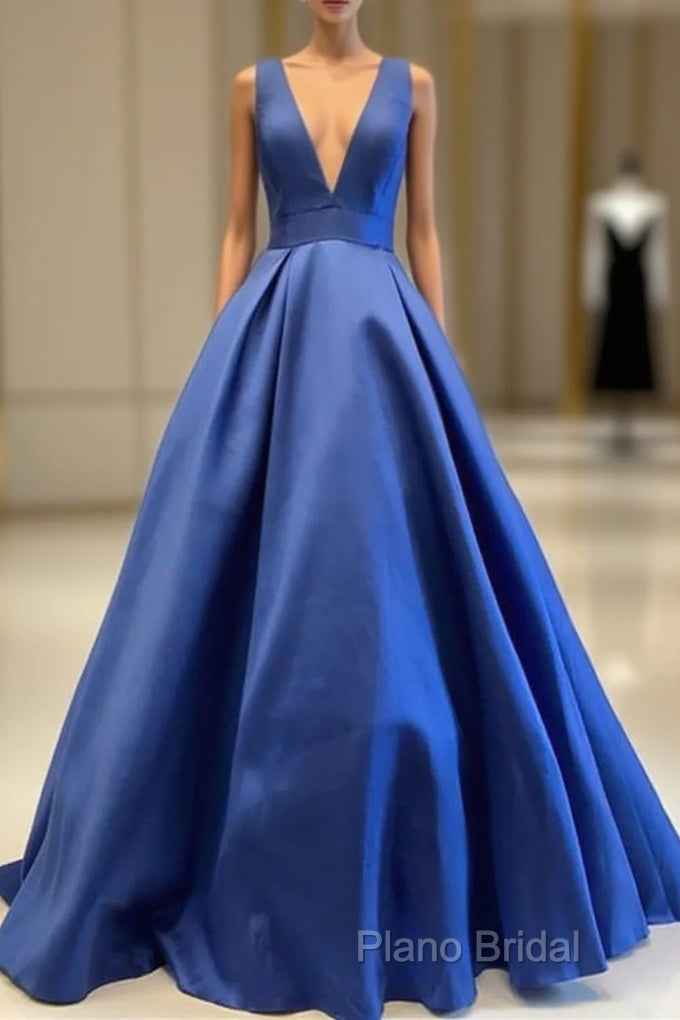 Sexy Deep V-Neck Long Satin Bow Back Formal Dresses Floor Length Formal Prom Gowns Main image