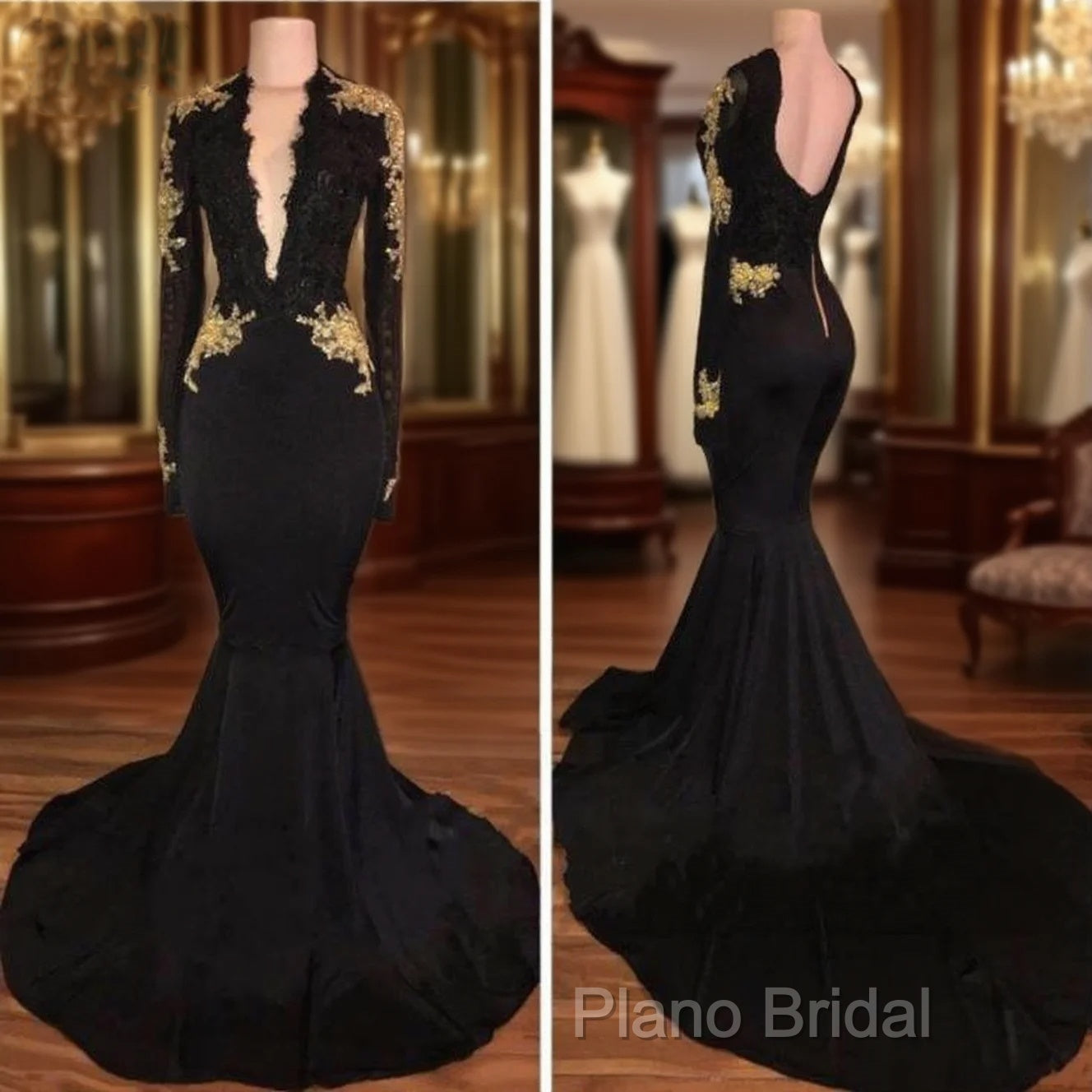 Sexy Deep V-Neck Long Sleeves Black Gold Formal Prom Dresses Main image