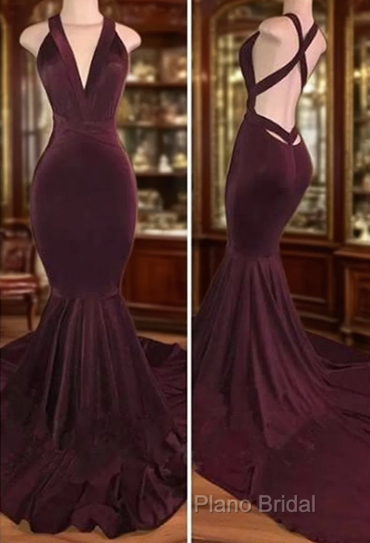 Sexy Deep V Neck Mermaid Velvet Burgundy Formal Prom Dresses Main image
