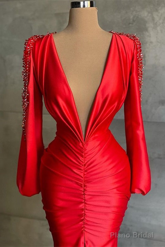 Sexy Deep V-Neck Red Long Sleeves Prom Dress Mermaid Secondary image