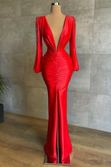 Sexy Deep V-Neck Red Long Sleeves Prom Dress Mermaid