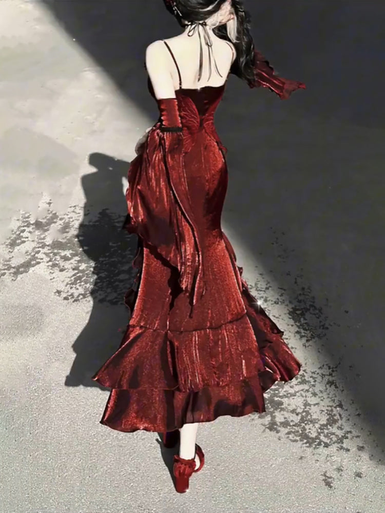 Sexy French High Low Spaghetti Straps Christmas Dresses Burgundy Birthday Dresses Birthday Outfits