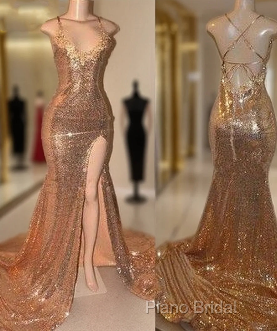 Sexy Gold Sequin Spaghetti-Straps Slit Formal Prom Dresses Main image