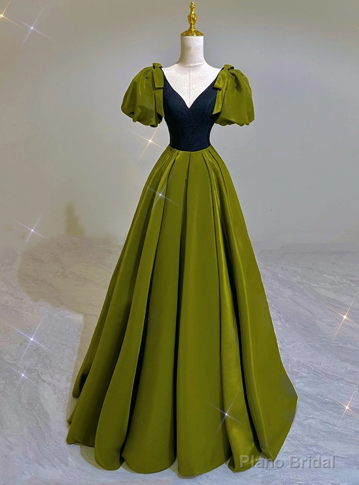 Sexy Green Satin V-neck Puff Sleeve Prom Dress Main image