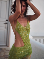 Sexy Green Sheath Spaghetti Strap Beaded Tulle Formal Prom Dresses Formal Evening Dresses With Slit