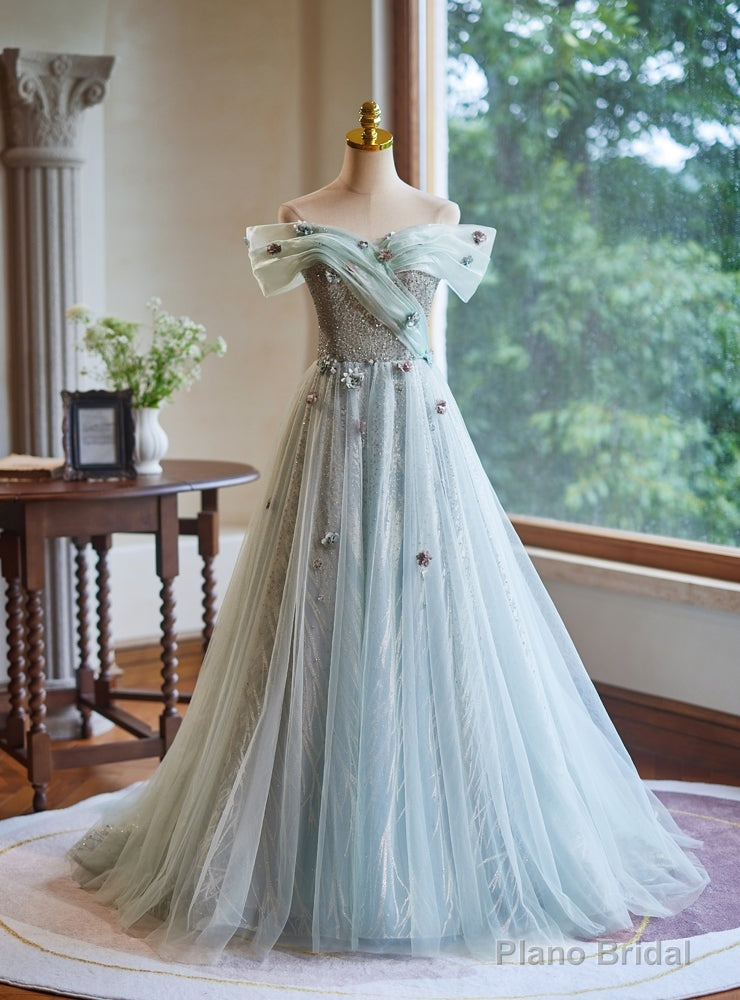 Sexy Green Tulle Sequins Off the Shoulder Flower Prom Dress Main image