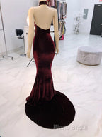 Sexy Halter Burgundy Winter Wedding Guest Dresses Velvet Formal Prom Dresses Sleeveless