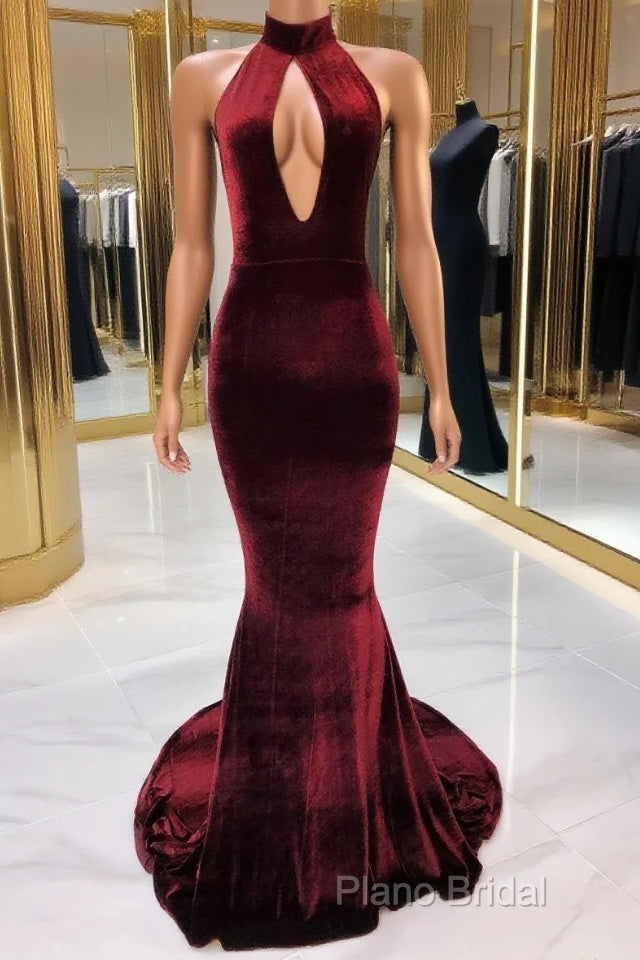 Sexy Halter Burgundy Winter Wedding Guest Dresses Velvet Formal Prom Dresses Sleeveless Main image
