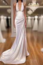 Sexy Halter V-Neck Mermaid Formal Prom Dresses Ruffle Satin Long Party Dresses