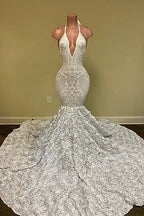 Sexy Hater Deep V-Neck Backless Ivory Prom Dress With Flowers Bottom