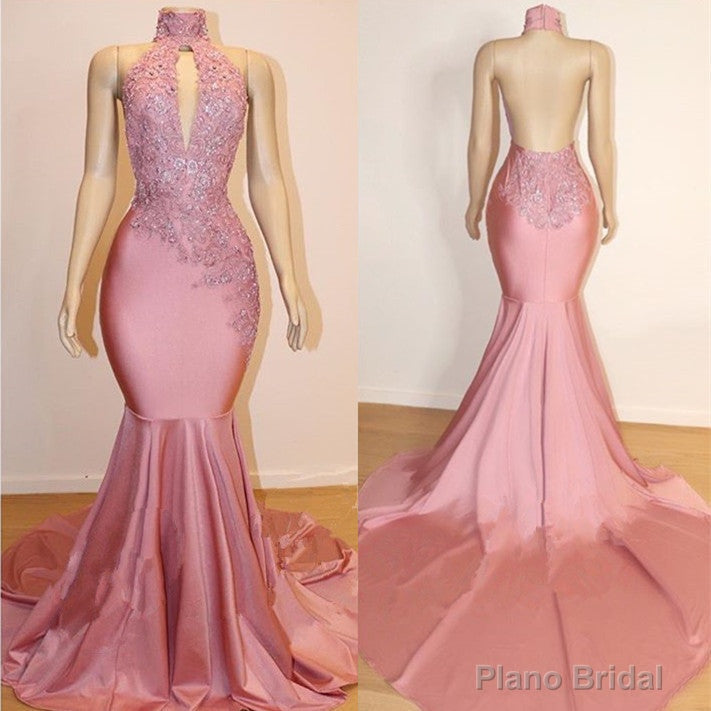 Sexy High Collar Mermaid Prom Dress Sequins Pink Long Backless Secondary image