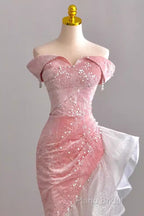 Sexy High Low Off The Shoulder Pink Velvet Formal Prom Dresses
