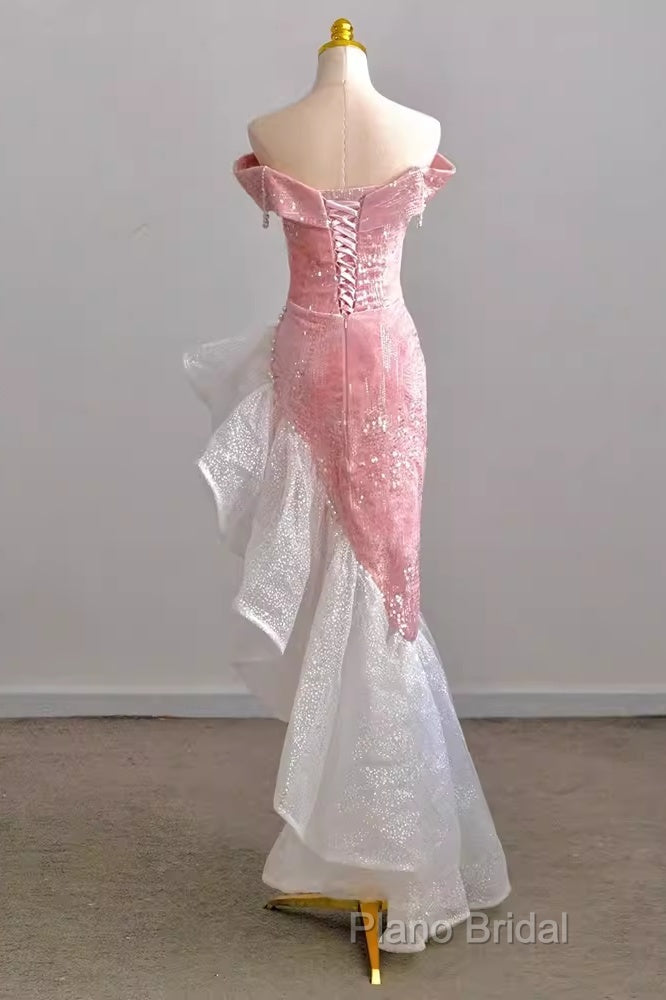 Sexy High Low Off The Shoulder Pink Velvet Formal Prom Dresses