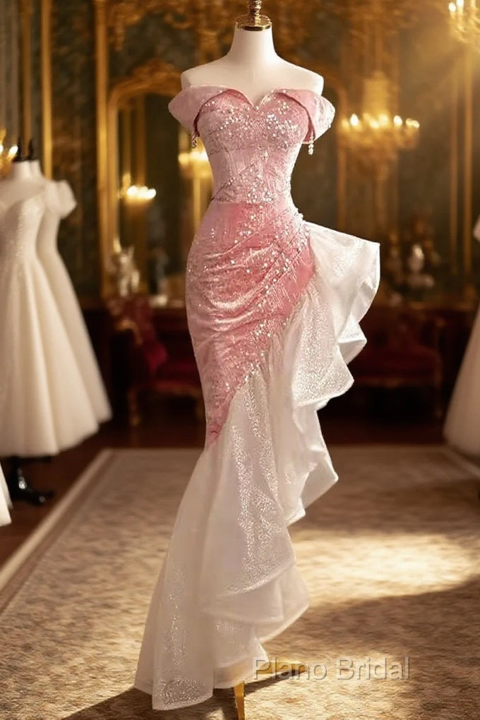 Sexy High Low Off The Shoulder Pink Velvet Formal Prom Dresses