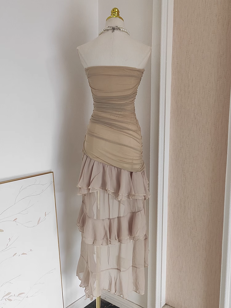 Sexy High Low Strapless Champagne Chiffon Ruffles Vacation Dresses Women Dresses