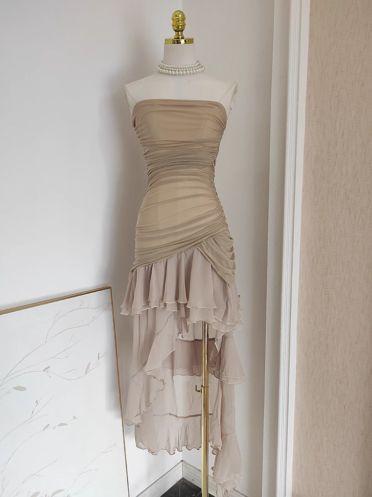 Sexy High Low Strapless Champagne Chiffon Ruffles Vacation Dresses Women Dresses