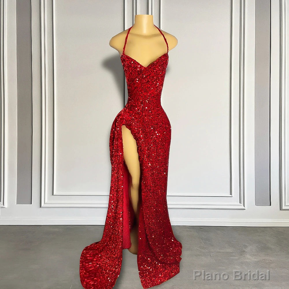 Sexy High Slit Halter Sleeveless Sparkly Red Sequined Long Prom Dresses for Black Girls Secondary image