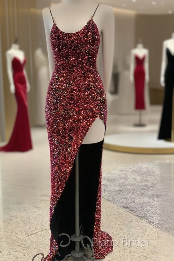 Sexy Iridescent Burgundy Sequin Formal Prom Dresses Straps Glitter Formal Dresses Uk