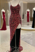Sexy Iridescent Burgundy Sequin Formal Prom Dresses Straps Glitter Formal Dresses Uk