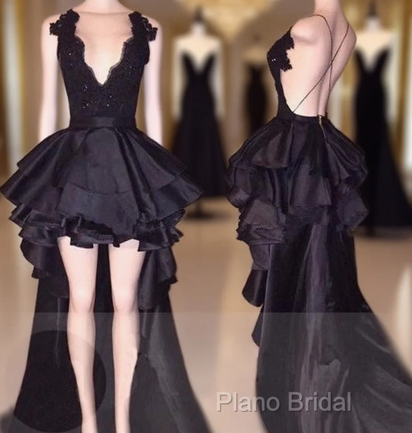 Sexy Layered Hi-Lo Lace Black Formal Prom Dresses