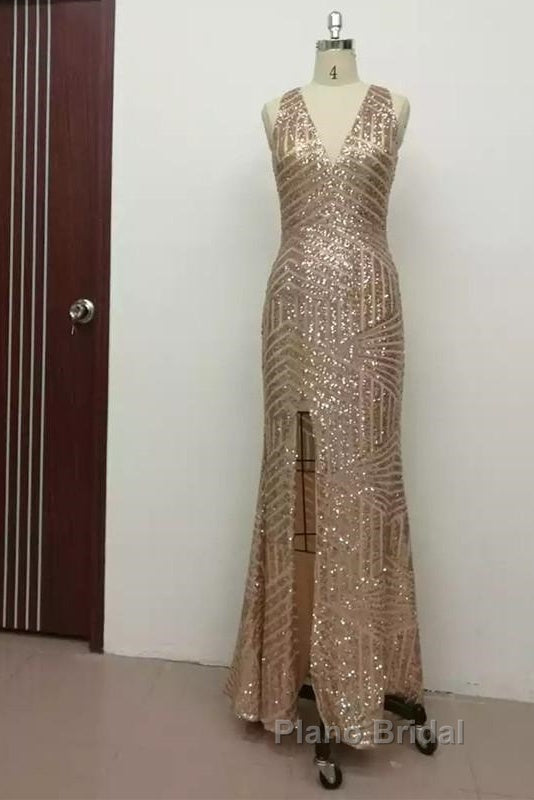 Sexy Leg Split Open Back Mermaid Sequins Formal Prom Dresses