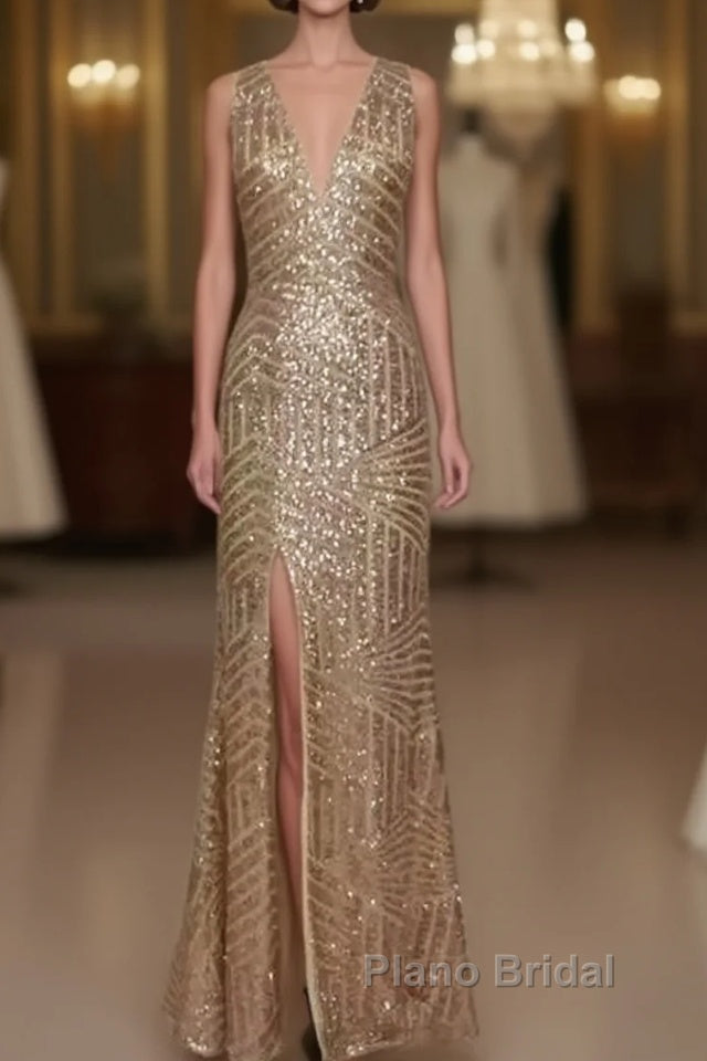 Sexy Leg Split Open Back Mermaid Sequins Formal Prom Dresses Main image