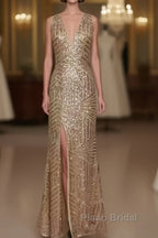 Sexy Leg Split Open Back Mermaid Sequins Formal Prom Dresses