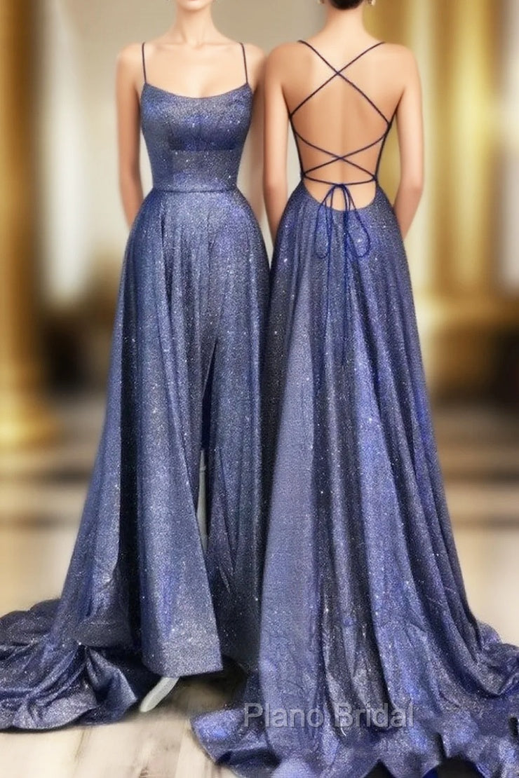Sexy Long A-line Spaghetti Straps Backless Ruffles Formal Prom Dresses with Slit Main image