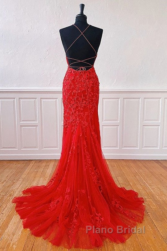 Sexy Long Lace Red Formal Prom Dresses Open Back Secondary image